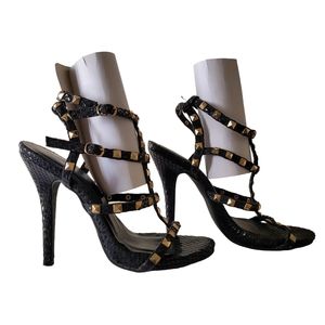Wild Diva Black Snakeskin Print With Goldtone Studs Stiletto Heels Size 8.5